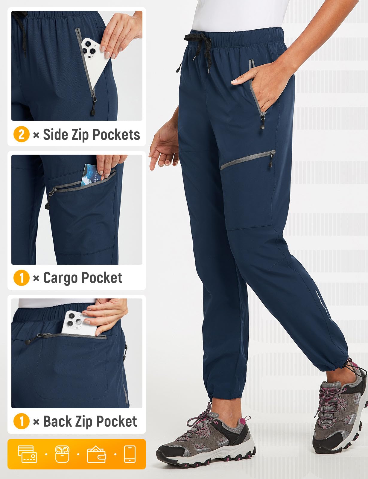 baleaf Travel Pants Women Hiking Long Tall Lightweight Quick Dry Water Resistant Cargo Pants 31'' Trip 31''-Navy Blue L