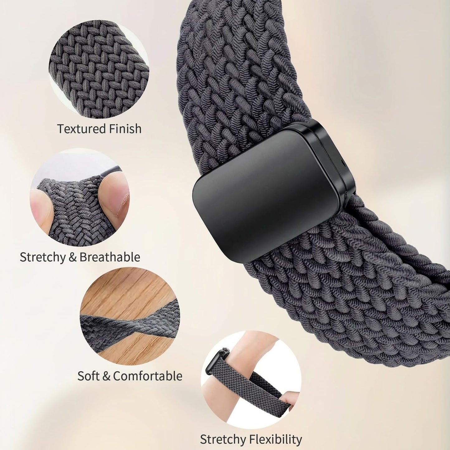 cidogim 22mm Braided Nylon Watch Band for Men and Women, Quick Release, Black Stainless Steel