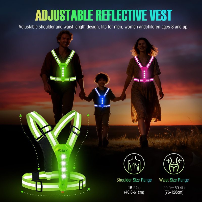 YOSKY 8 LED Running Reflective Gear Rechargeable Adjustable Running Lights Vest Safety Night Reflective Vest for Women Men Kids