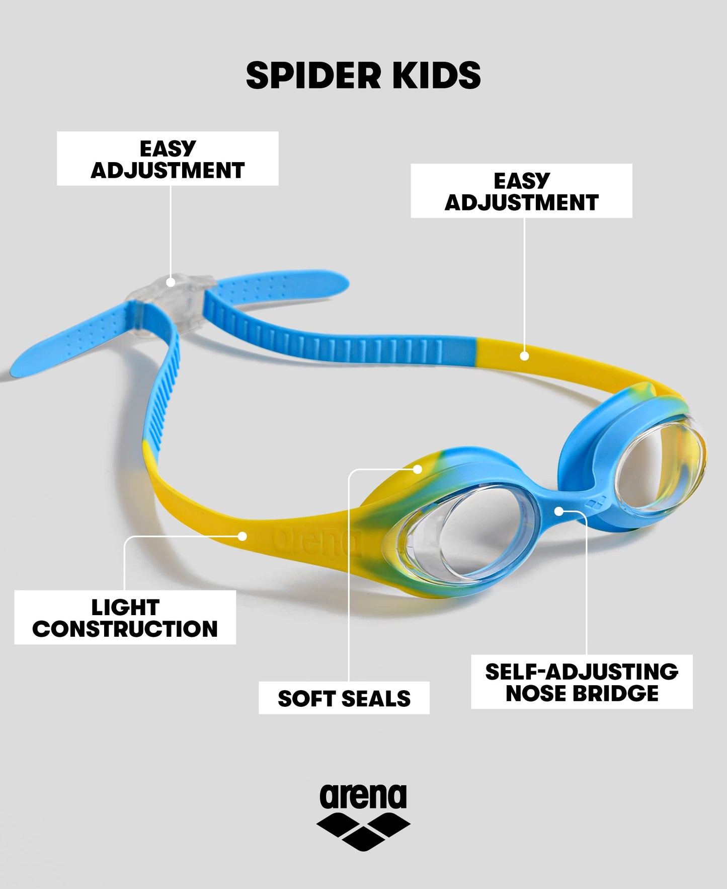 ARENA Unisex Spider Kids Swim Goggles for Boys and Girls Ages 2 to 5, Anti-Fog Non-Mirror Lens, Easy to Use Strap No Leak Goggle, Clear/Yellow/Lightblue