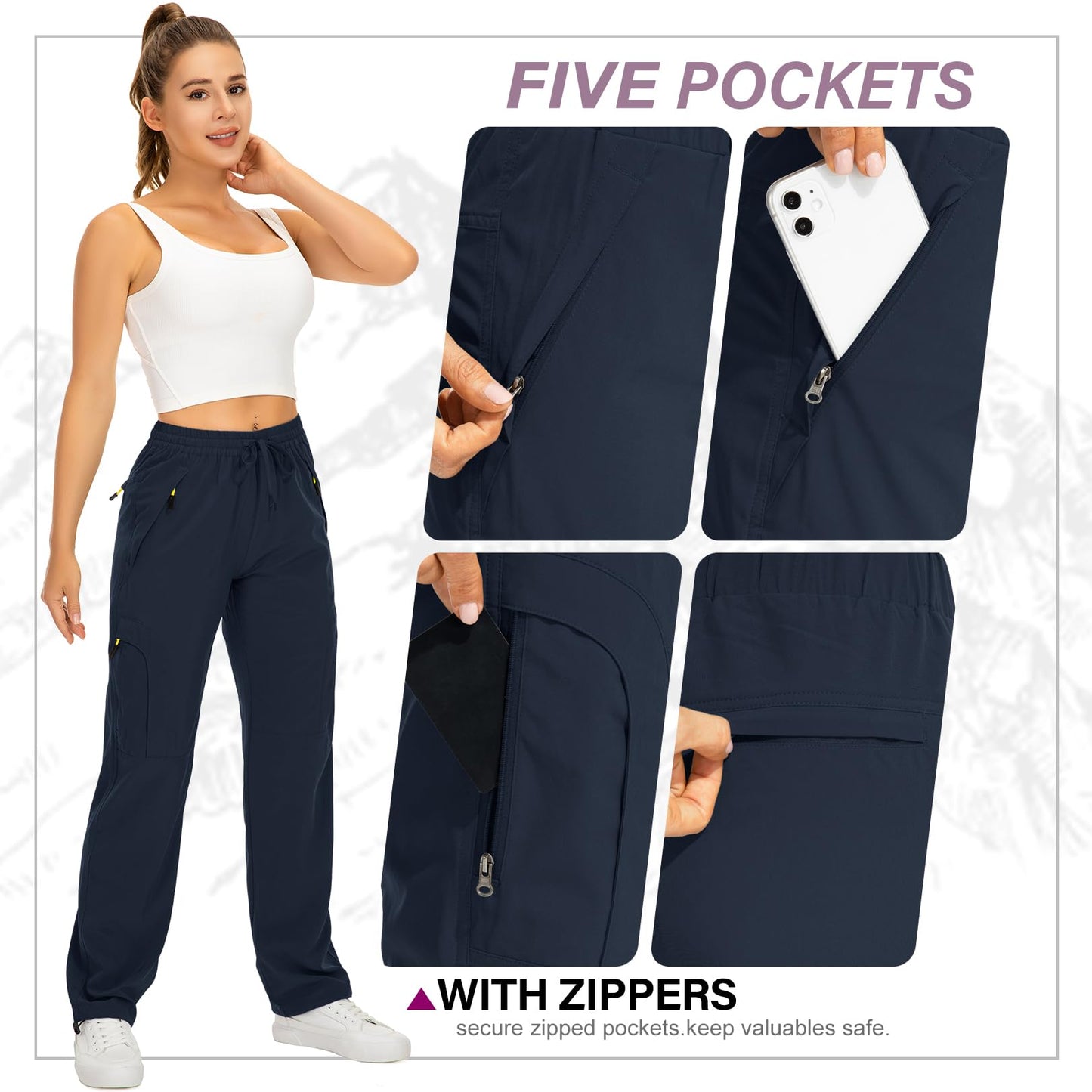 Womens Hiking Pants Quick Dry UPF 50 Lightweight Travel Golf Cargo Safari Pants Zipper Pockets,6608,Blue,Petite L