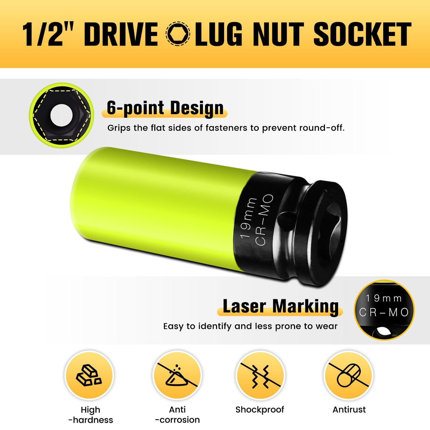 BOEN 19mm 1/2" Drive Wheel Protector Impact Socket, Non-Marring Lug Nut Thin Wall Deep Socket Set, Chrome-Molybdenum Steel, 6 Point, Color-Coded Protective Socket