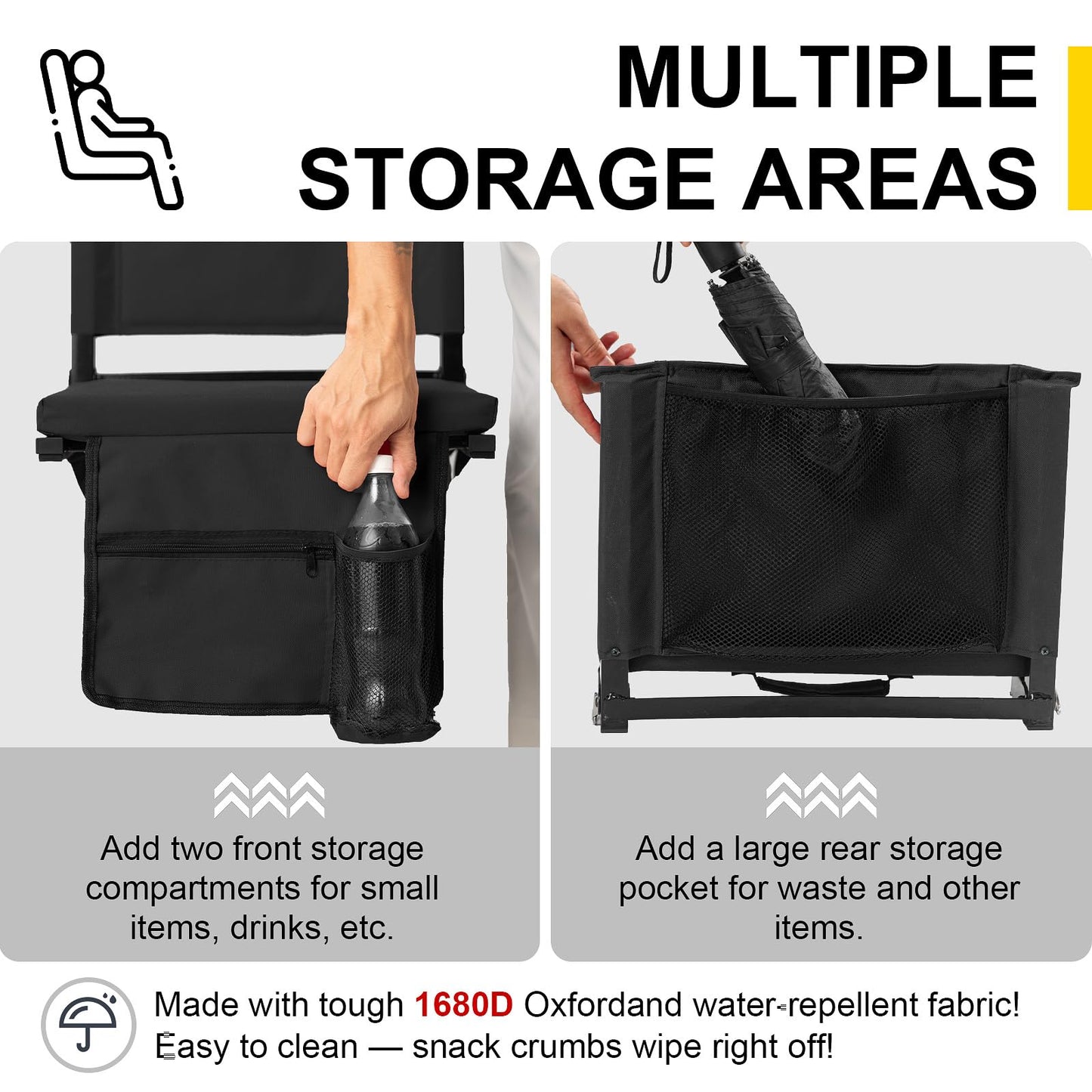 FZGhome Stadium Seats with Back Support for Bleachers, Folding Bleacher Seat Bleacher Chairs with Back and Cushion, Padded Stadium Chair with Shoulder Strap, 3 Large Mesh Pocket & Carry Handle