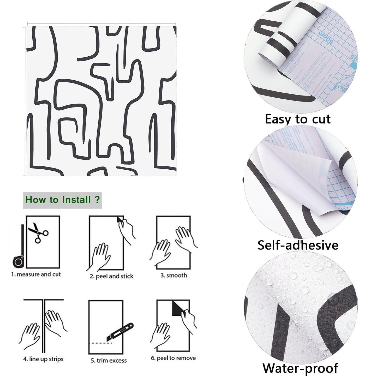 Ismoon 17.3"X118" Unique Black and White Peel and Stick Wallpaper Scribbles Wallpaper Modern Abstract Contact Paper Removable Self-Adhesive Wall Paper for Home Decoration Vinyl Film Roll