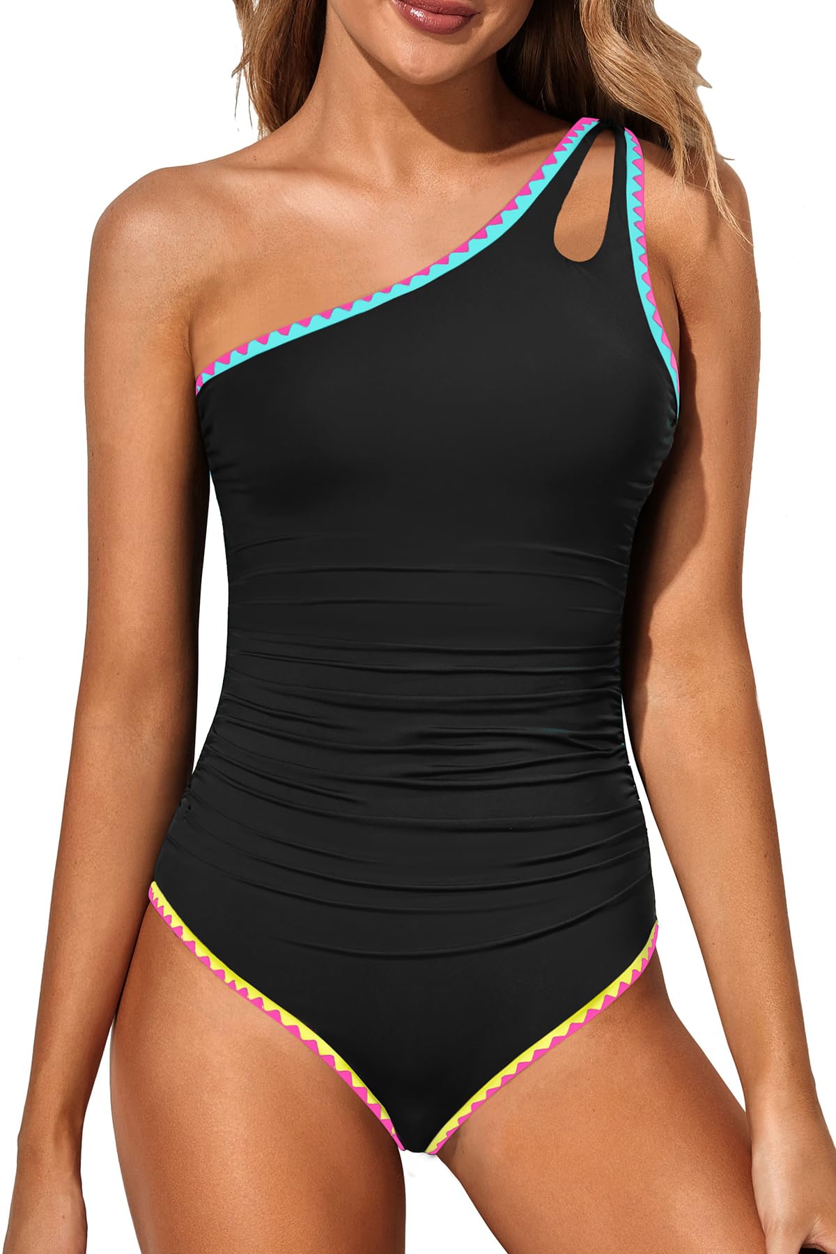 Holipick One Shoulder One Piece Swimsuit for Women Tummy Control Bathing Suits Modest Full Coverage Keyhole Swimwear