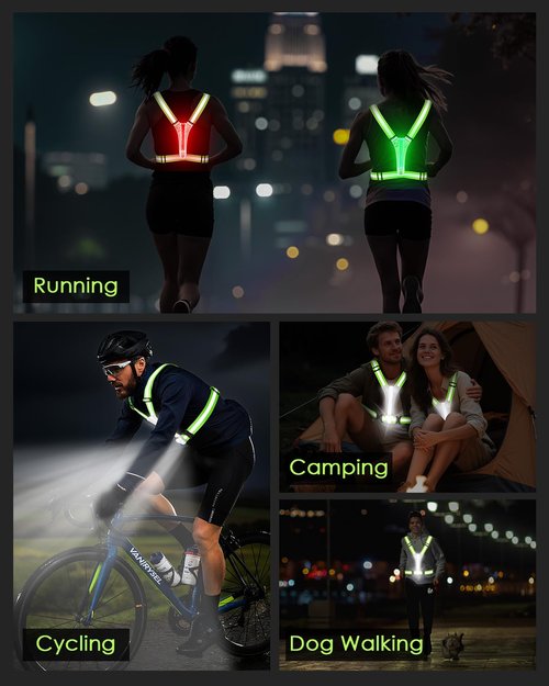 Zacro LED Reflective Vest with Chest Light 500LM, 5 RGB Colors High Visibility Rechargeable Light Up Running Vest IPX4 Night Safety Running Gear for Dog Walking, Cycling, Adjustable for Men Women Kids