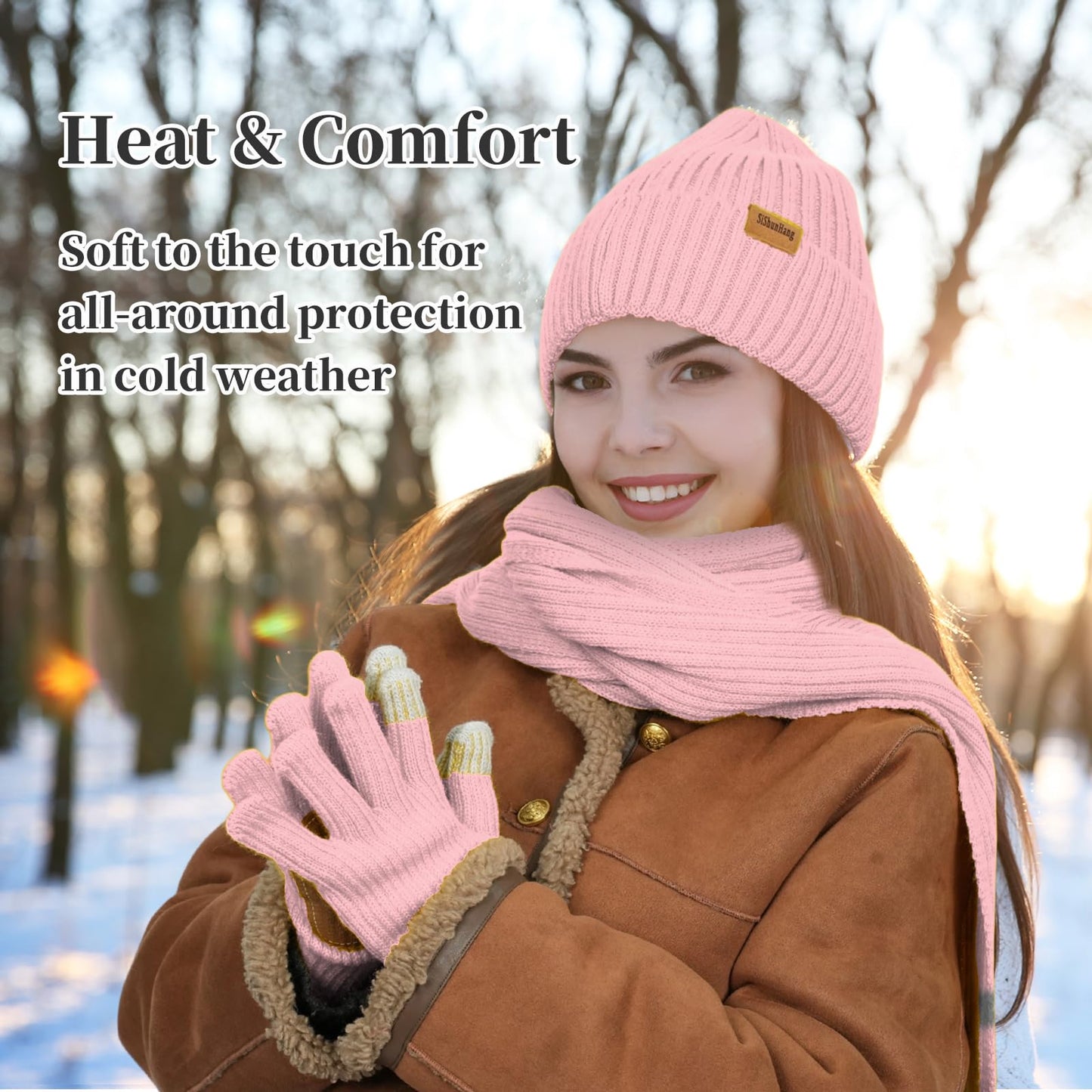 Winter Knit Beanie Hat Scarf Gloves Cold Weather Set, Warm Knit Beanie Long Scarf Touchscreen Gloves,Winter Gifts for Women (Pink, One Size)