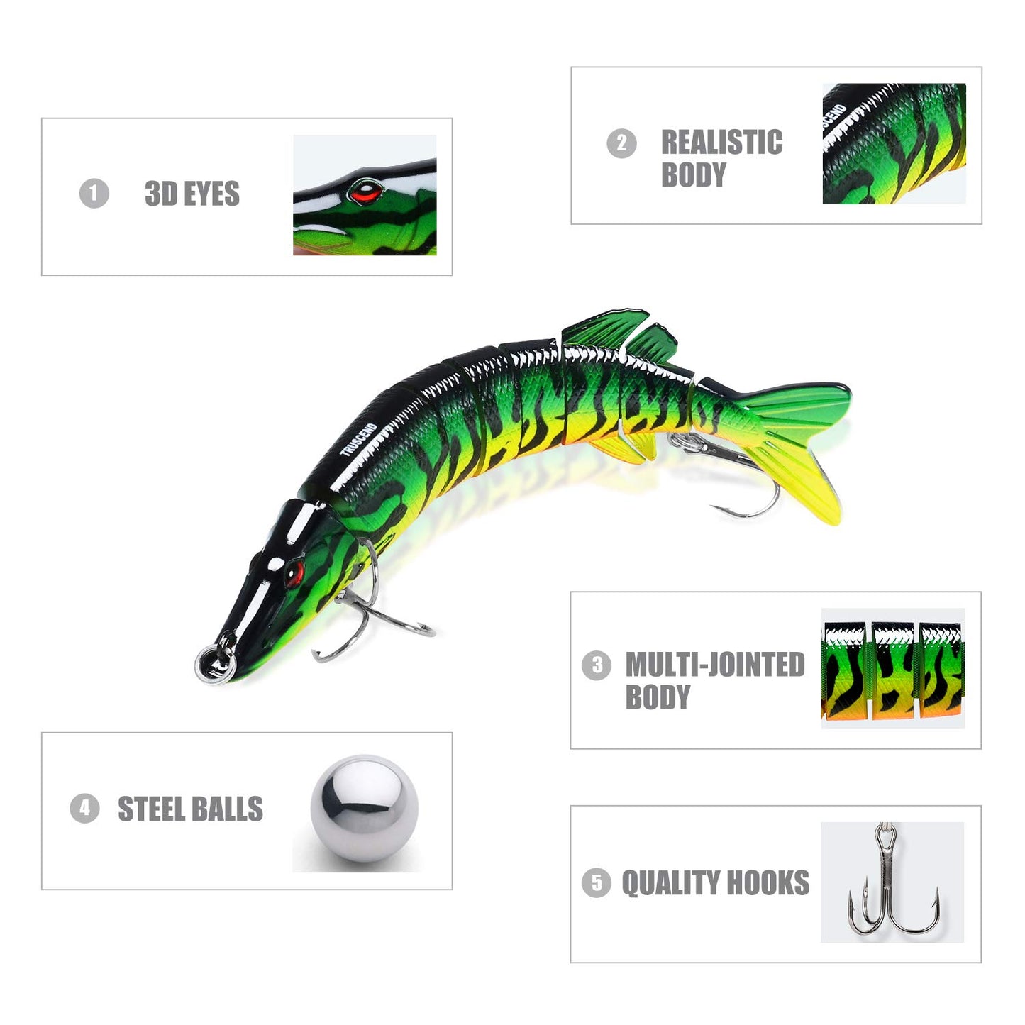 TRUSCEND Swimmax Easy Catch Fishing Lures with BKK Hooks, Wiggling, Vibrating, Rattling and Gurgling for More Bite, Heavy-Duty Dyneema Fiber Jointed Swimbaits for Bass, Trout, Walleye, Crappie, Pike