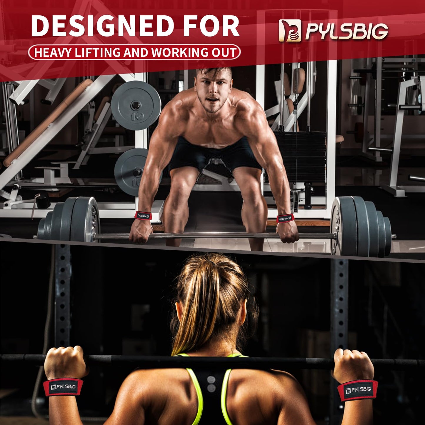 PYLSBIG Lifting Straps, wrist straps for weightlifting, workout, Bodybuilding, Powerlifting & Deadlift -With 5mm Neoprene Pads & Non-Slip Silicone -Extra Wrist Support for Weight lifting Men & Women