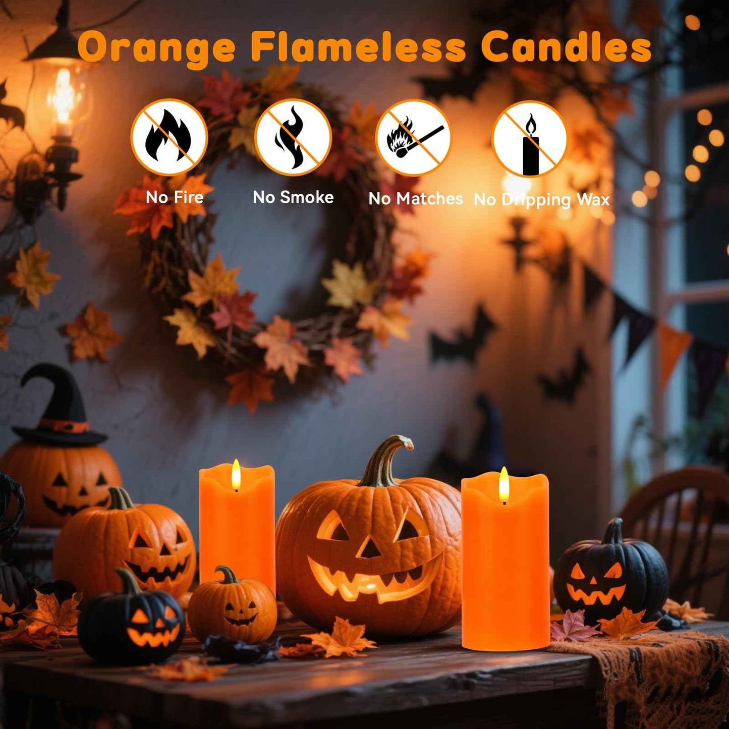 VEEKI Flameless Candles Light, Set of 2 6"x3" Flickering Fall LED Candles with Remote & Timer, Dimmable Pillar Candles Battery Operated, Orange Candles for Fall Halloween Thanksgiving Decor (Orange)
