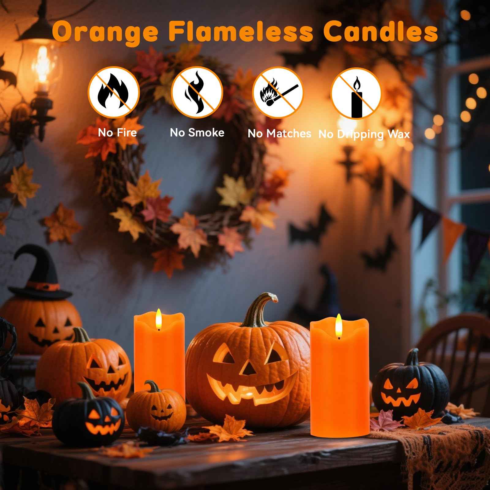VEEKI Flameless Candles Light, Set of 2 6"x3" Flickering Fall LED Candles with Remote & Timer, Dimmable Pillar Candles Battery Operated, Orange Candles for Fall Halloween Thanksgiving Decor (Orange)