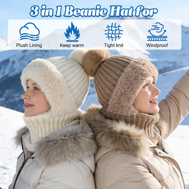 3 in 1 Beanie Hat for Women, Upgrade 3 in 1 Beanie Hat with Scarf and Mask, Fall Winter Warm and Windproof Knitted Ski Scarf and Mask Set, Thick Plush-Lined (Black)