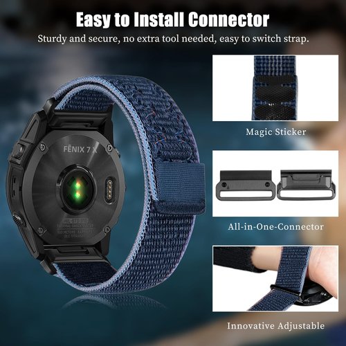 RoYiio Nylon Band for Garmin Fenix 8Pro 51mm/Quatix 8 51mm/Quatix 7X/6X/Tactix 8 51 mm/Tactix 7 Pro Strap Comfor Breathable Sport Replacement Wristband for Enduro 3/2 (QuickFit 26mm, Storm Blue)