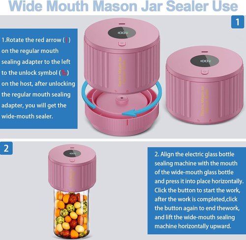 LOVE MOMENT Electric Mason Jar Vacuum Sealer Kit - Versatile for Wide & Regular Mouth Jars - Pink