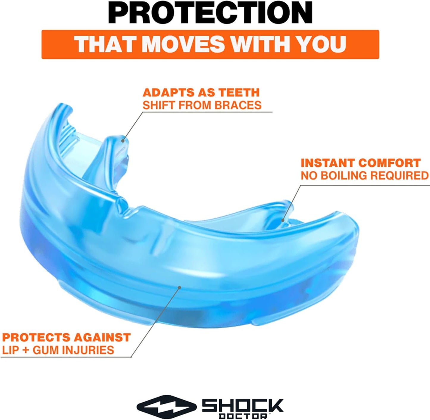 Shock Doctor Mouth Guard for Braces - Upper Teeth Protection, Instant Fit, Blue | Adult & Youth Sizes (Pack of 2)