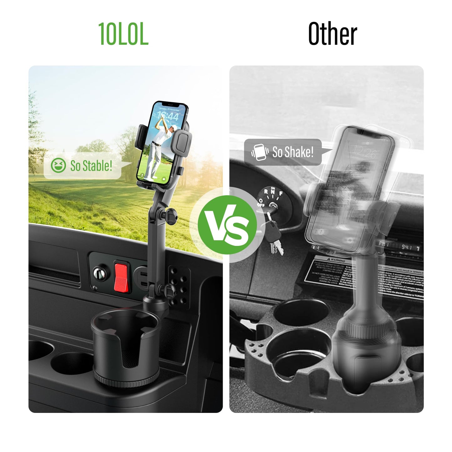 10L0L Updated ABS Golf Cart Cup Holder with Mobile Phone Holder Mount Compatible with Yamaha, EZGO, Club Car Golf Cart Model, 360° Rotatable Stand/One Click to Secure & Release/Expandable