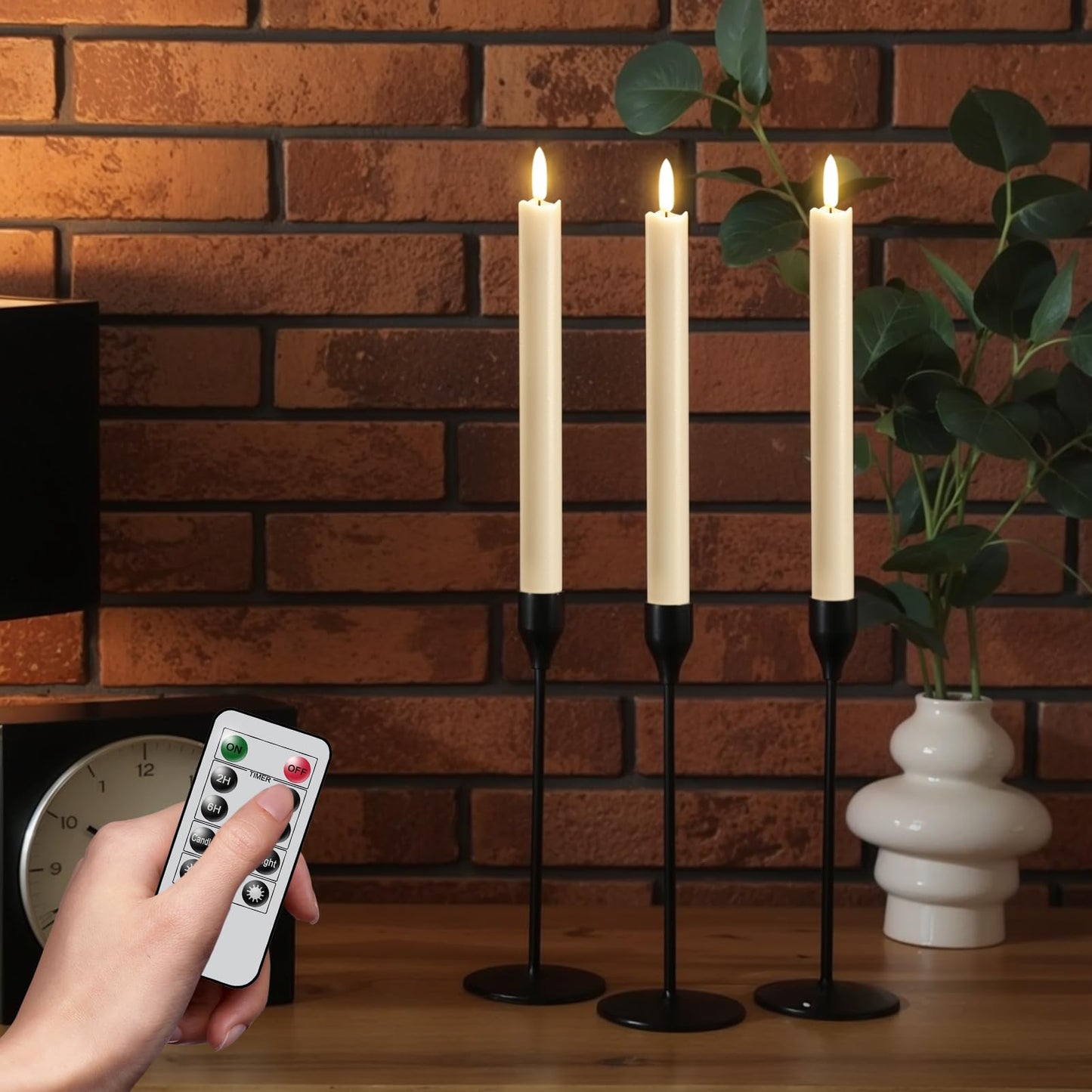 GenSwin Flameless Ivory Taper Candles Flickering with 10-Key Remote, Battery Operated Led Warm 3D Wick Light Window Candles Real Wax Pack of 3, Christmas Home Wedding Decor(0.78 X 9.64 Inch)