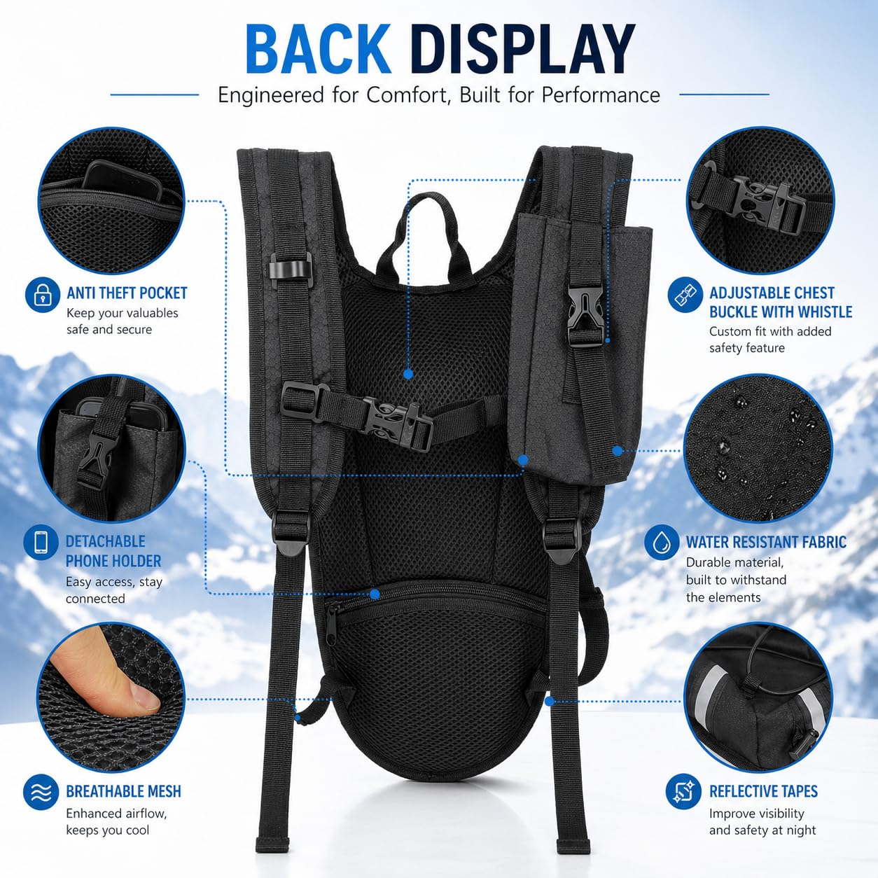 DEVONWIDE Lightweight Hydration Backpack 2L Water Bladder Pack - Black | Water Backpack for Running, Cycling, Hiking | Anti-Theft, Reflective, with Phone Holder & Trekking Pole Loops