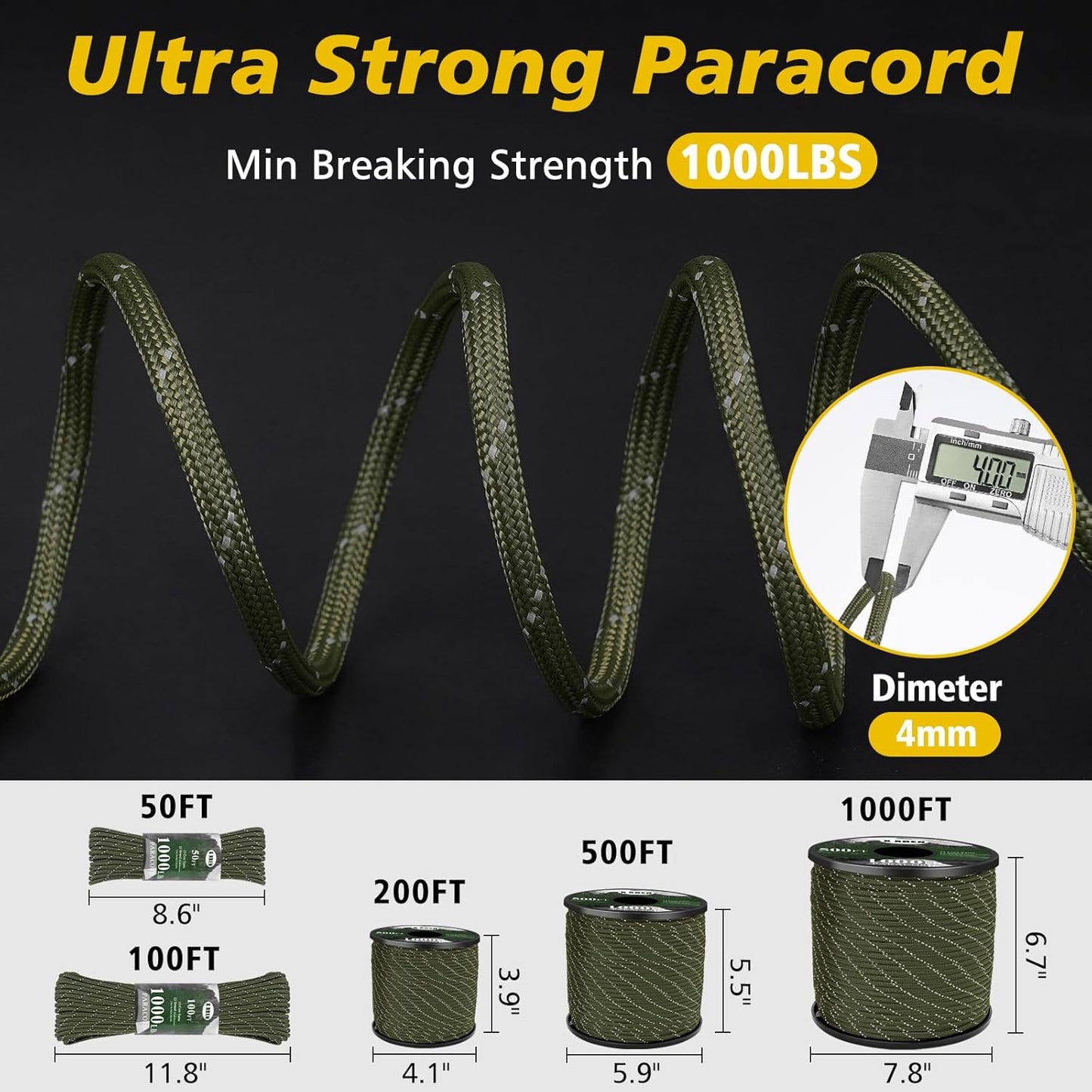 XXBEN Paracord Rope - Heavy Duty 1000lb Reflective 4mm Cord for Camping, Fishing, Hiking | 50-1000ft, Black
