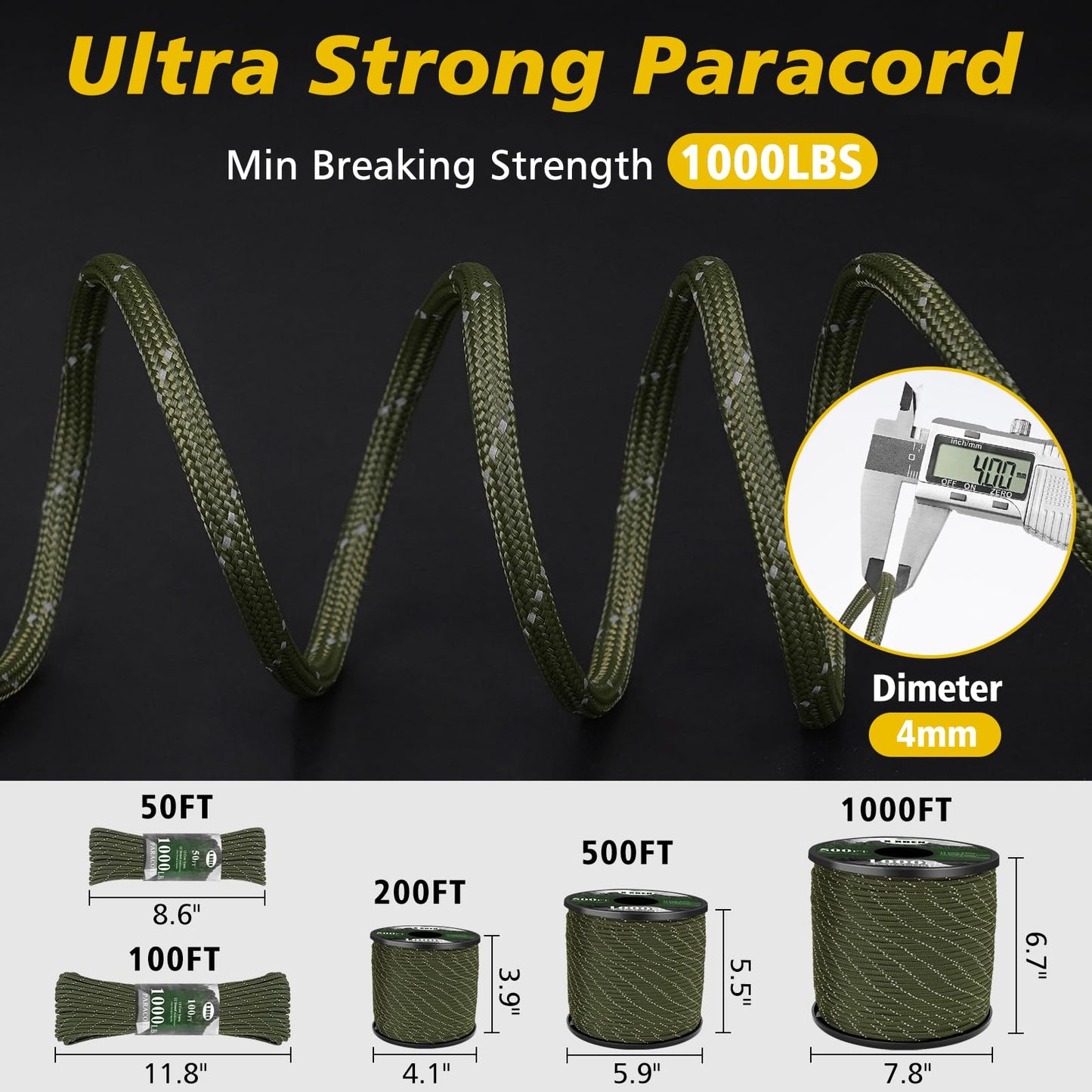 X XBEN Paracord Reflective 1000lb, 50/100/200/500/1000ft 4mm, 13 Strand Parachute Spool Cord, Heavy Duty Paracord Rope for Tent Camping, Fishing, Hiking, DIY Crafts & Survival Bracelet, Orange