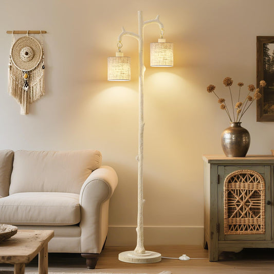 Floor Lamp for Living Room - 69" Rustic Farmhouse Tree Trunk Tall Lamp - Country Resin Vintage Reading Light with Linen Shade Standing Lamps for Bedroom Office Classroom Home Decor (Almond White)