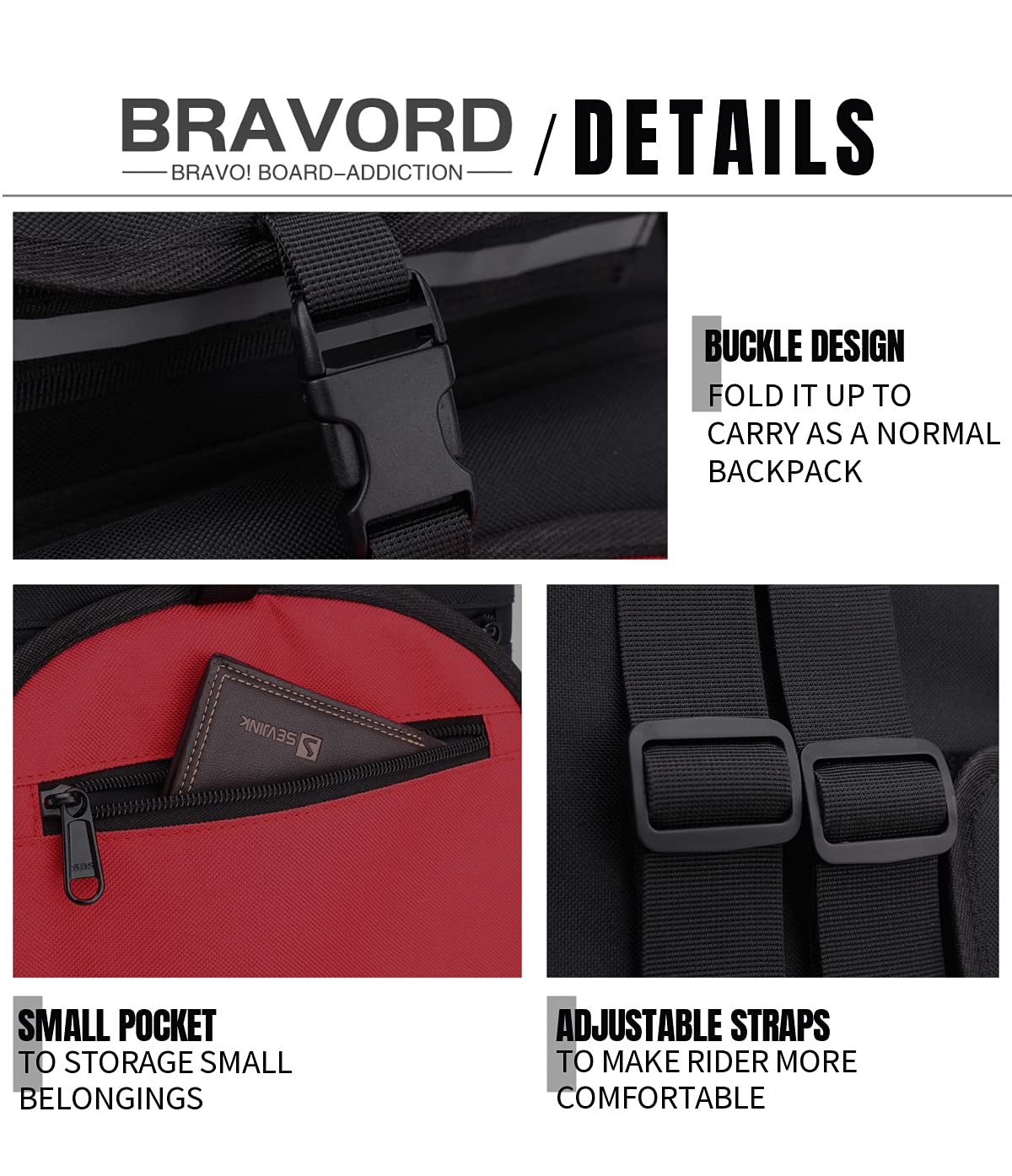 BRAVORD Foldable Skateboard Backpack Bag Carrier with Adjustable Shoulder Straps for Double Kick Longboard Electric Skateboard, Unisex (BLK)