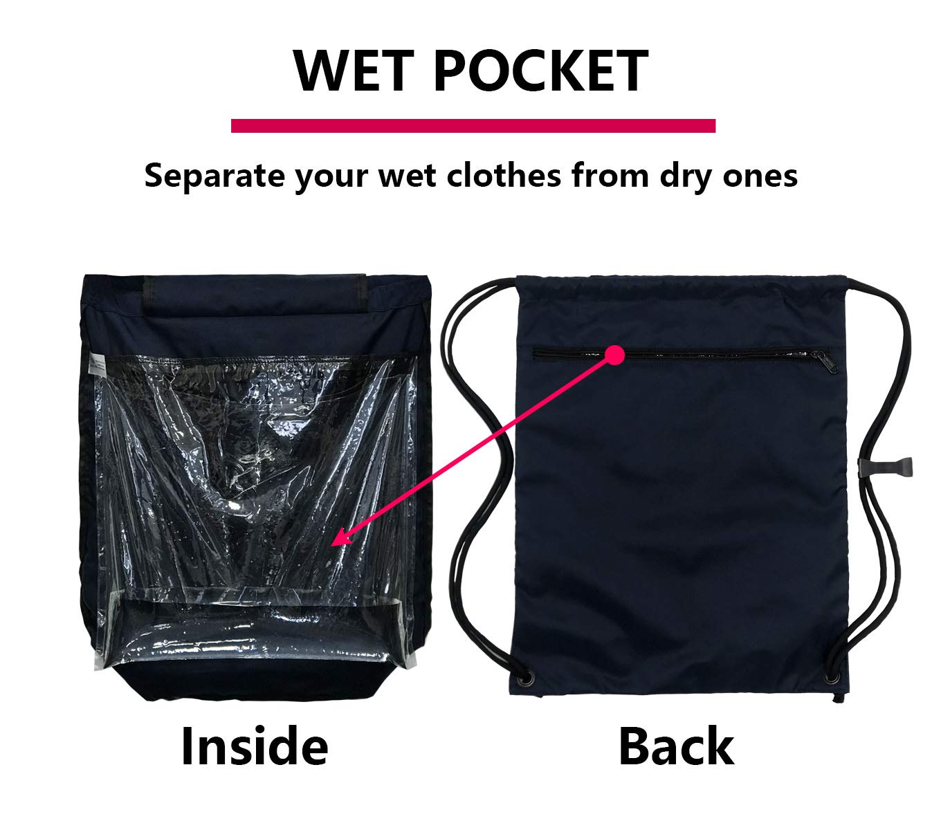 HOLYLUCK Packable Drawstring Sackpack Wet Pocket with Zipper and Water Bottle Mesh Pockets (Navy blue)
