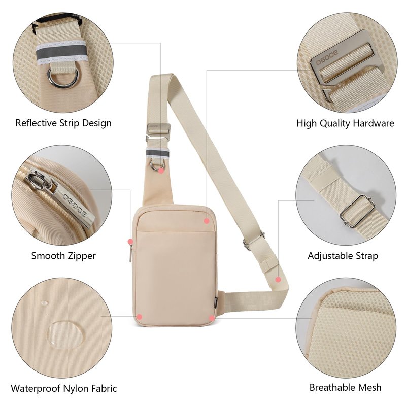 OSOCE Small Sling Bag for Men and Women with RFID Pocket, Anti Theft Crossbody Chest Bag Casual Travel Bag for Hiking,Beige,Small