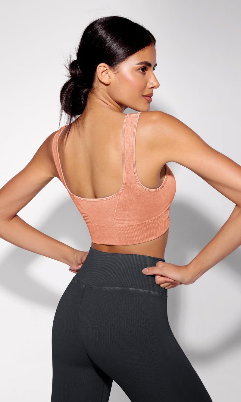 ODODOS Seamless Square Neck Sports Bra for Women Ribbed Crop Tank Casual Low Back Cropped Tops, Stone Washing Orange, X-Large-XX-Large