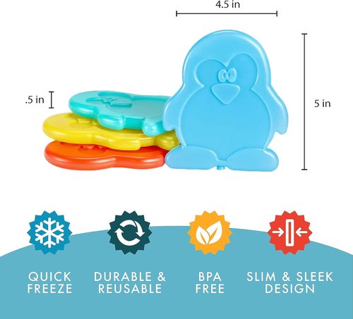 Fit & Fresh Cool Coolers | Kids Lunch Box Ice Packs - Slim & Reusable, Multicolored Set of 4 (Penguin)