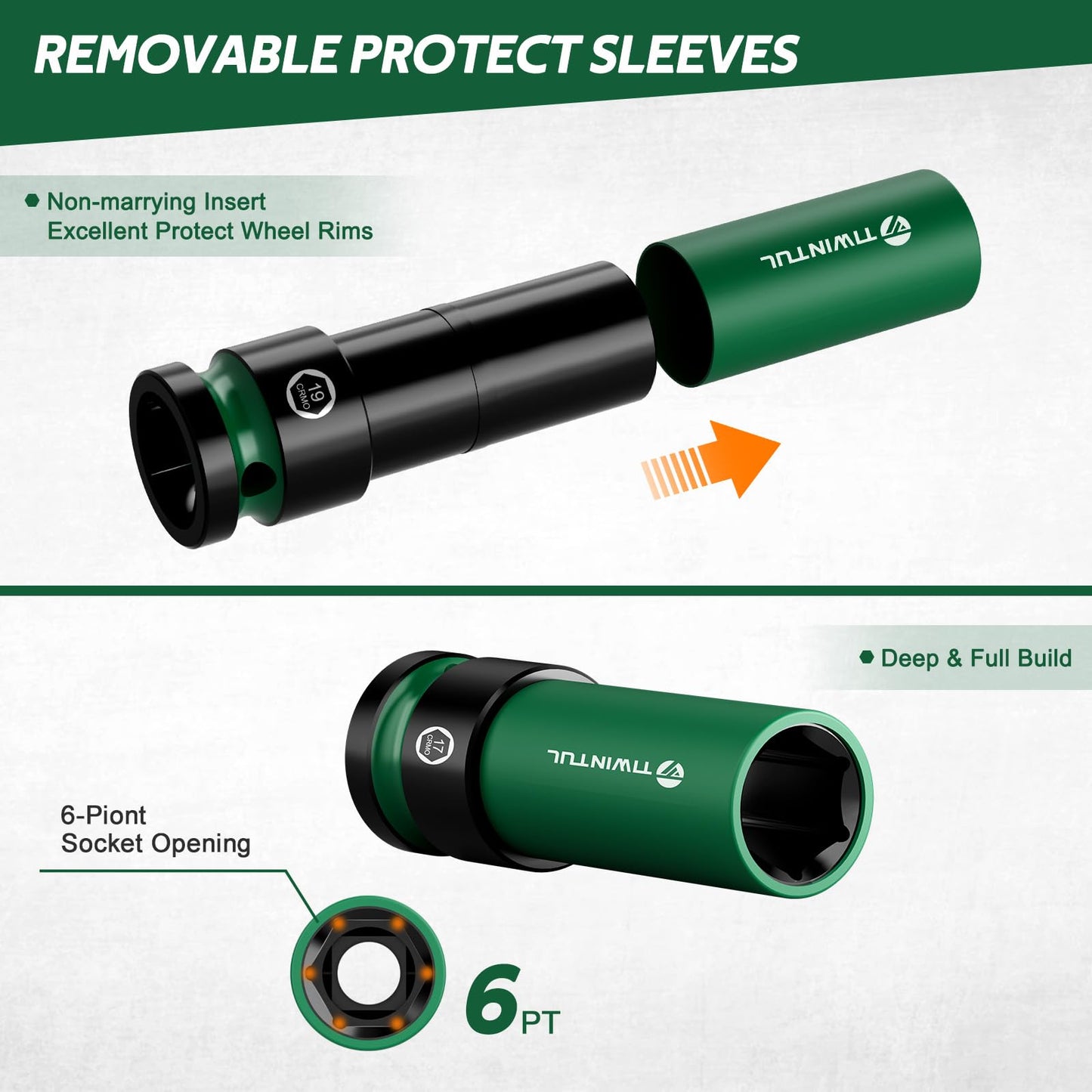 TIWINTUL 1/2" Wheel Protector Impact Socket Set, 5Pcs Non-Marring Lug Nut Socket Set, CR-MO Steel, 6-Point Thin Wall Deep Socket Set, Color-Coded Protective Sleeves- Metric 17 19 21 mm, SAE 13/16 7/8"
