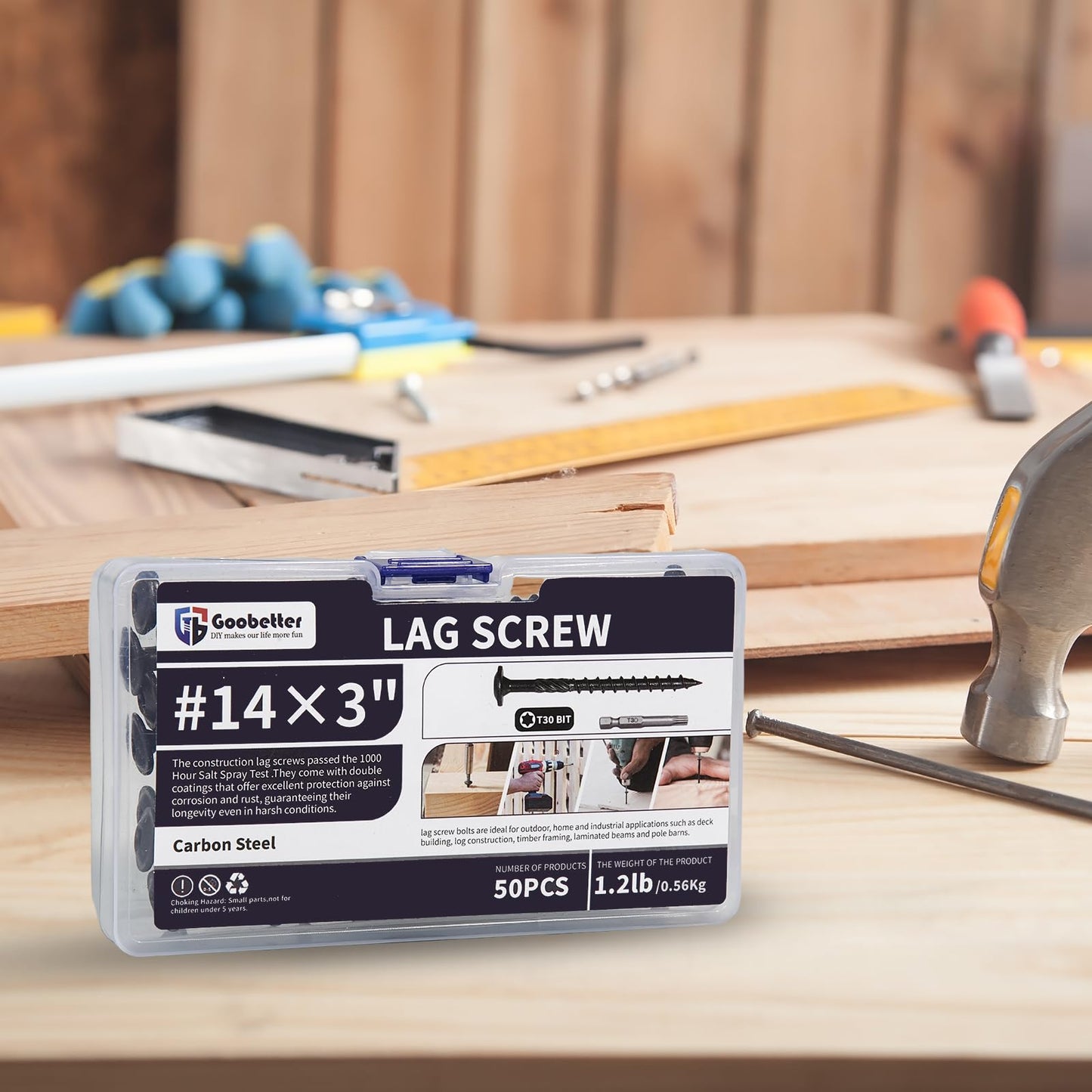 Lag Screws 3 Inch, 50PCS Heavy Duty Construction Screw, Structural Wood Screw #14 x 3, Rust Resistant, Washer Head, Black Coated Exterior Wood/Lag Screws Hex Socket Included