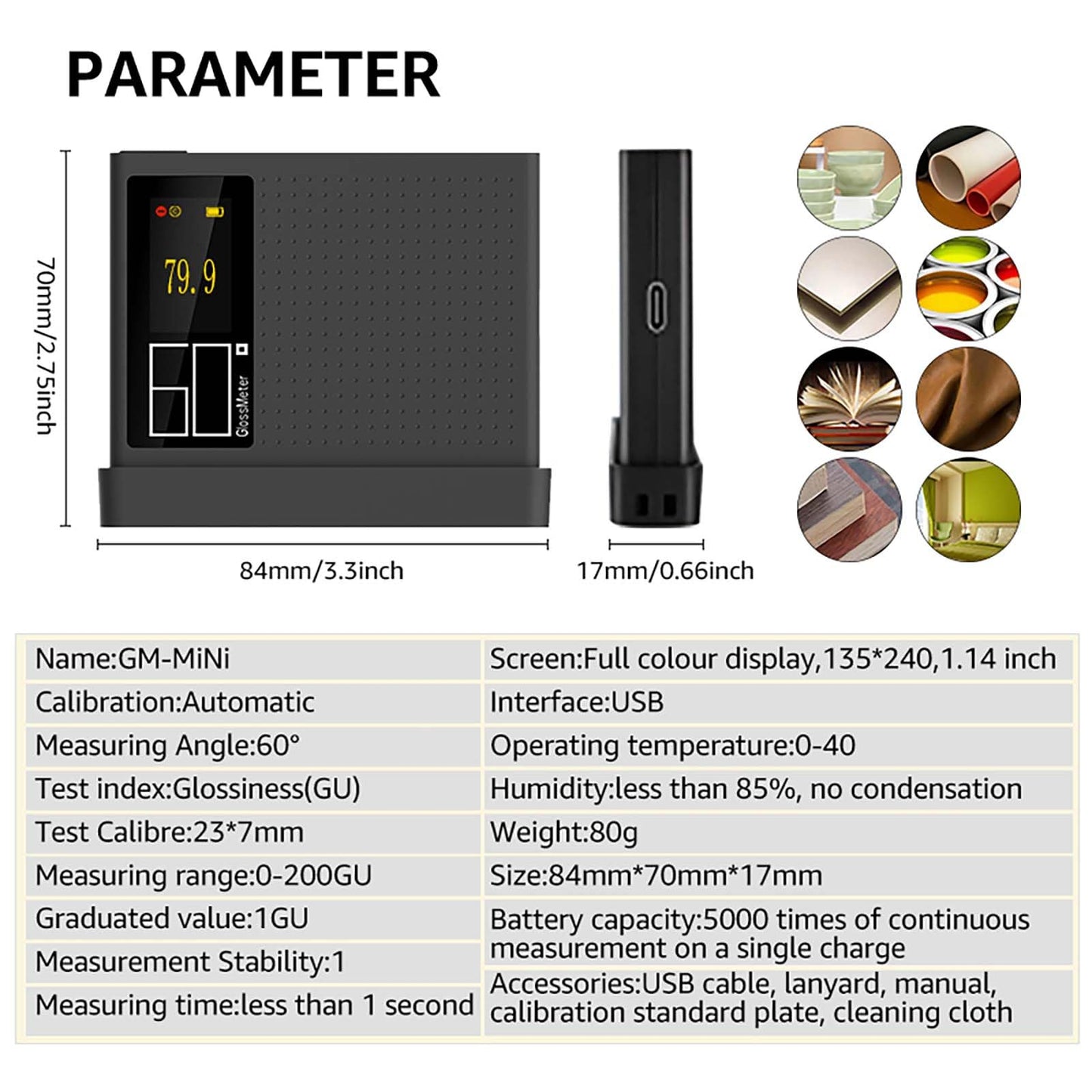 Auto Calibration Gloss Meter 60º 0-200GU Card Sized For Auto Paint Plastic Rubber Glass Hardware Stone Floor Tile Surface Glossmeter