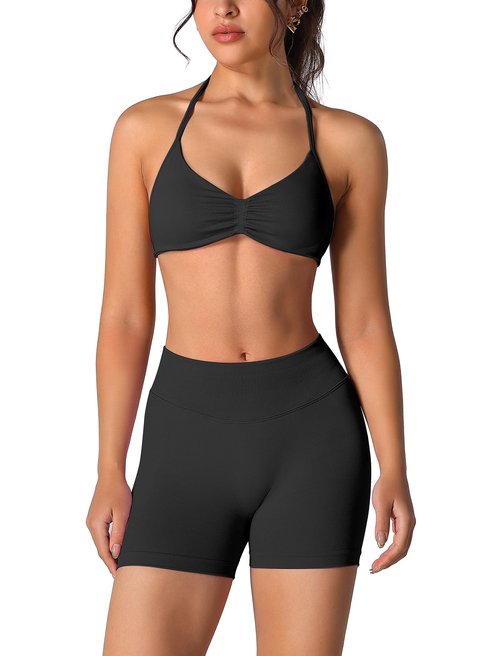 ABOCIW Black Workout Sets Women 2 Piece Seamless Strappy Halter Sports Bra Scrunch Butt Lifting Shorts Active Wear Yoga Outfits #1 Black Small