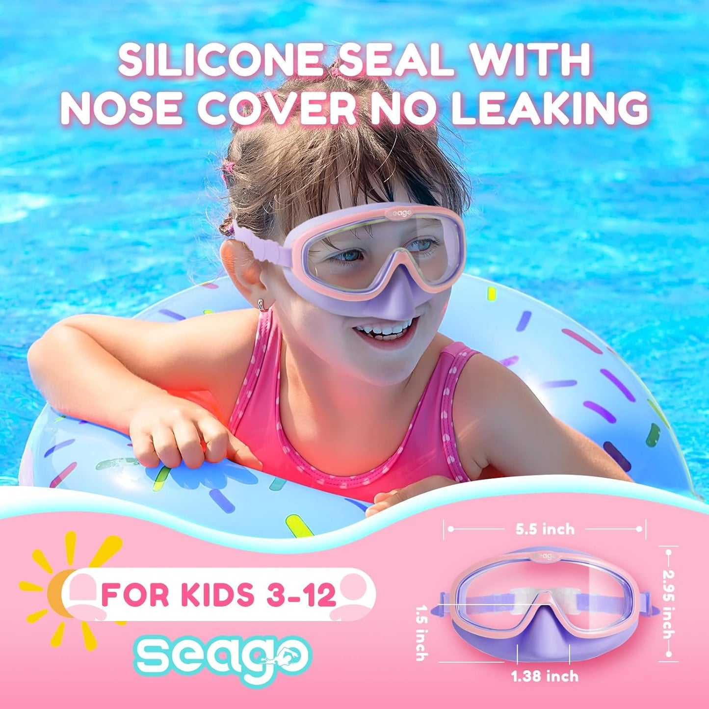 Seago Kids Swim Goggles - Anti-Fog Clear View for Ages 3-12 | 2-Pack with Nose Cover