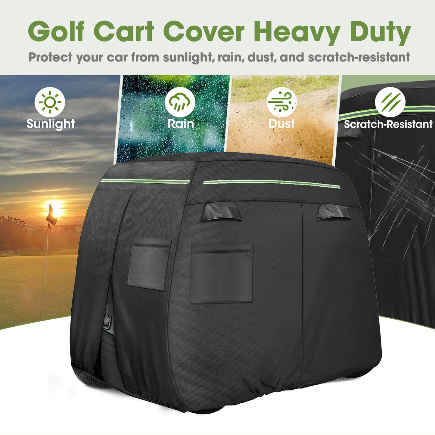 Xoxocos Golf Cart Covers 6 Passenger, Heavy Duty 600D Waterproof Golf Cart Seat Cover EZGO, Club Car, Yamaha, Outdoor 6 Seater with Reflective Strips, Zippered Pockets, Zipper Doors