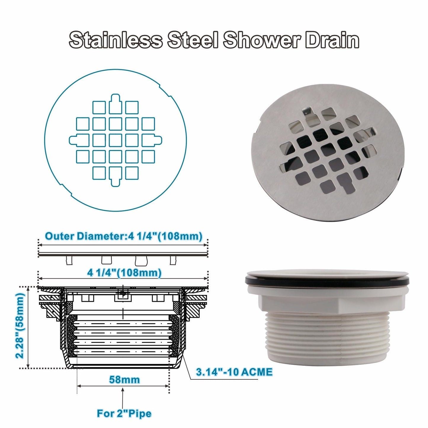 Brushed No Caulk Shower Drain, Welsan PVC Compression Shower Floor Drain with 4-1/4" Stainless Steel Round Grid Strainer Cover, Brushed Nickel
