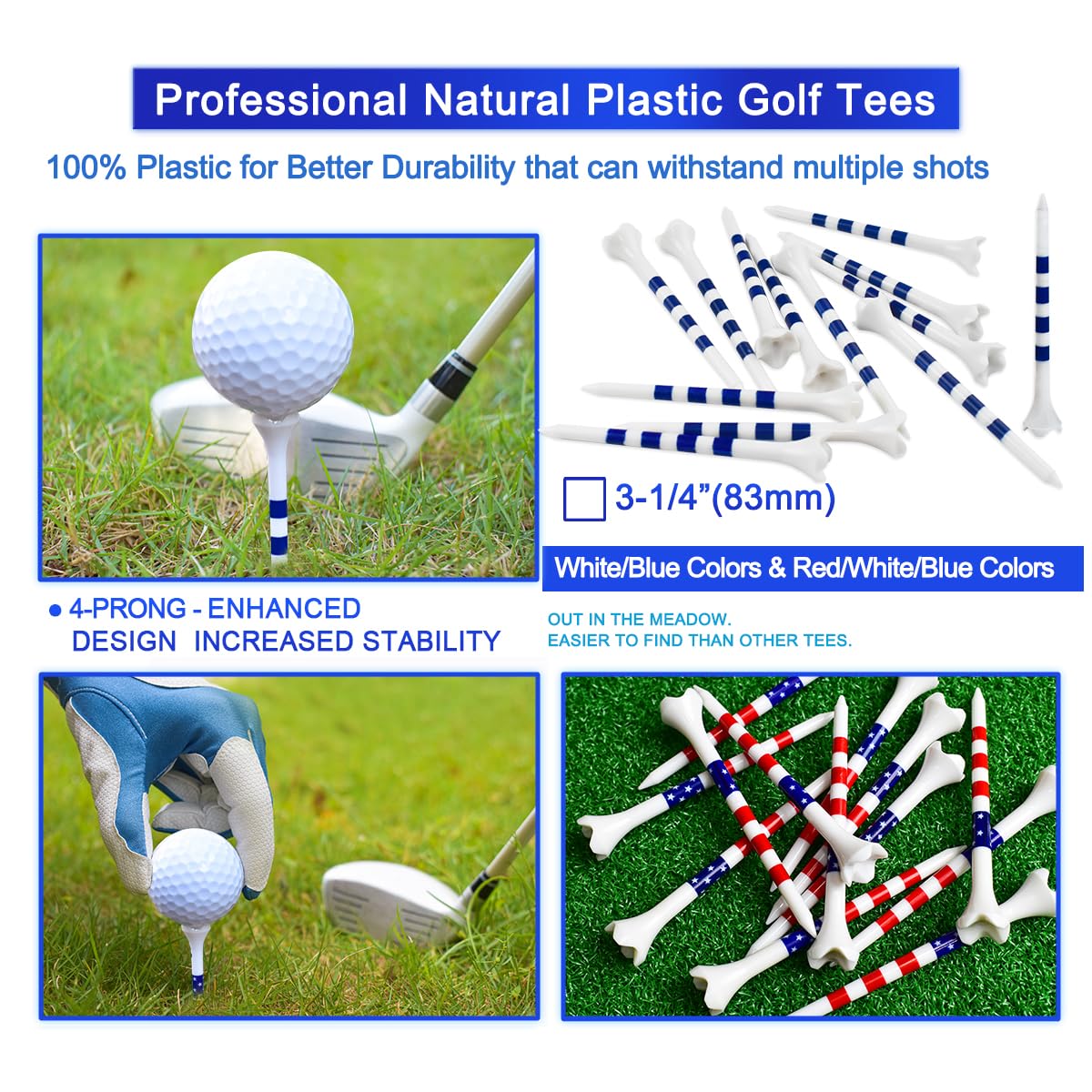 Golf Tees3 1/4" -100 Pack, Plastic Golf tees 3 1/4 inch 4-Prong Long Plastic Tees – Reduce Friction&Side Spin,Enhanced Durability & Stability,Also able to Work with a Variety of Drivers, hybrids.