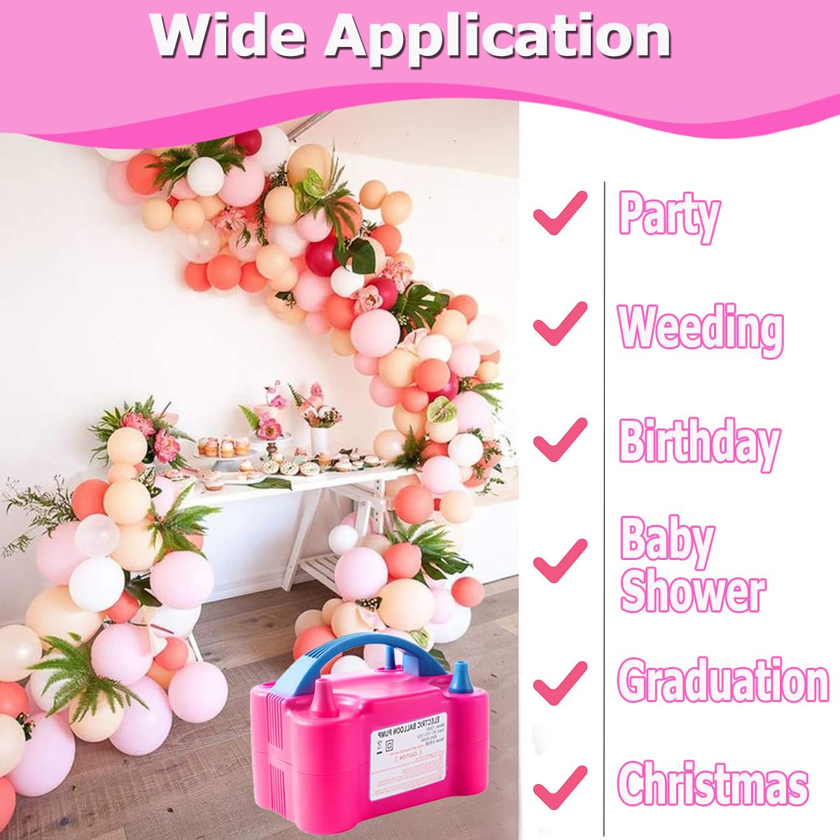 Electric Air Balloon Pump, Portable 110V 600W Dual Nozzle Electric Blower Air Pump Inflator for Decoration Party with Balloons, Tying Tool and Accessories (Rose Red)