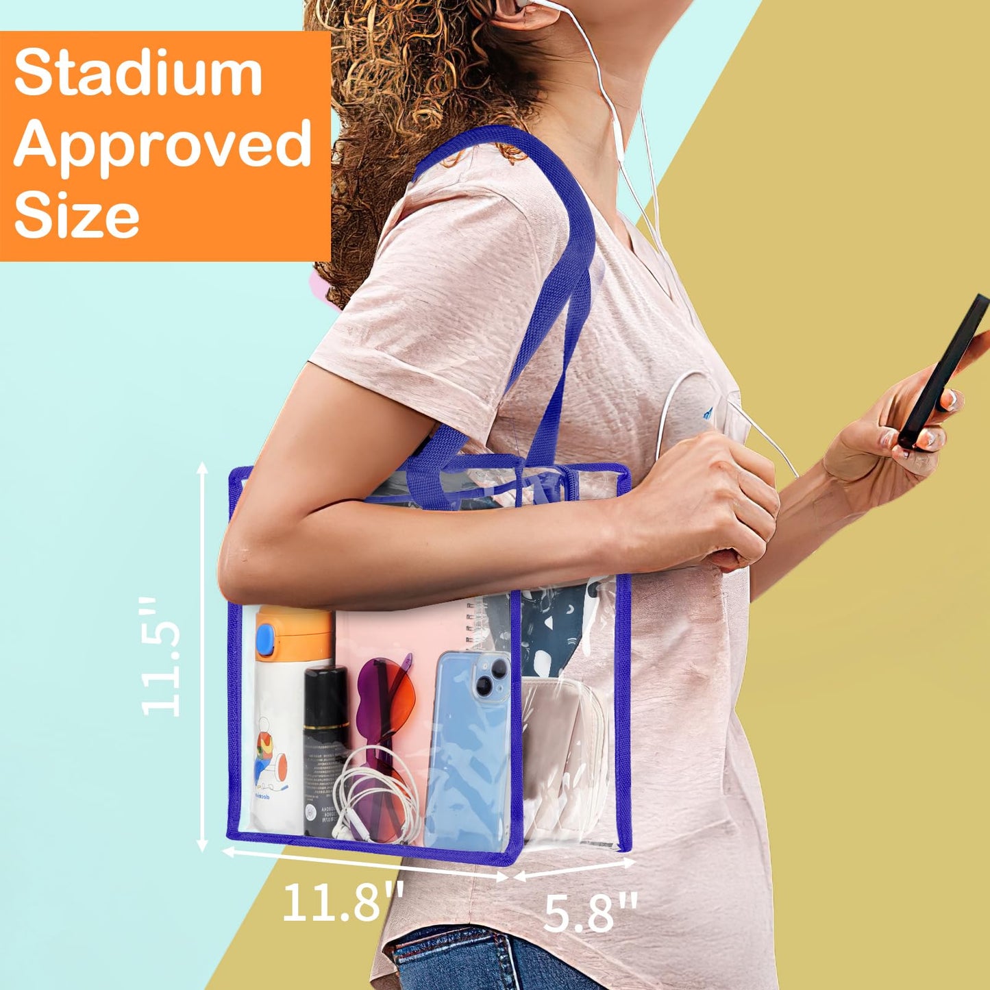 Hoiny Clear Bag for Stadium Events Approved, 12x6x12 Large Transparent Tote Bag with Zipper for Gym Concert Sports Festivals (Navy Blue)