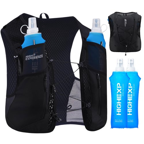 HIGH EXPERIENCE Running Vest Lightweight 4L Trail Hydration Backpack Pack with 2 17oz Soft Flask Jogging Marathon Cycling Hiking for Women Men (Black, Medium)