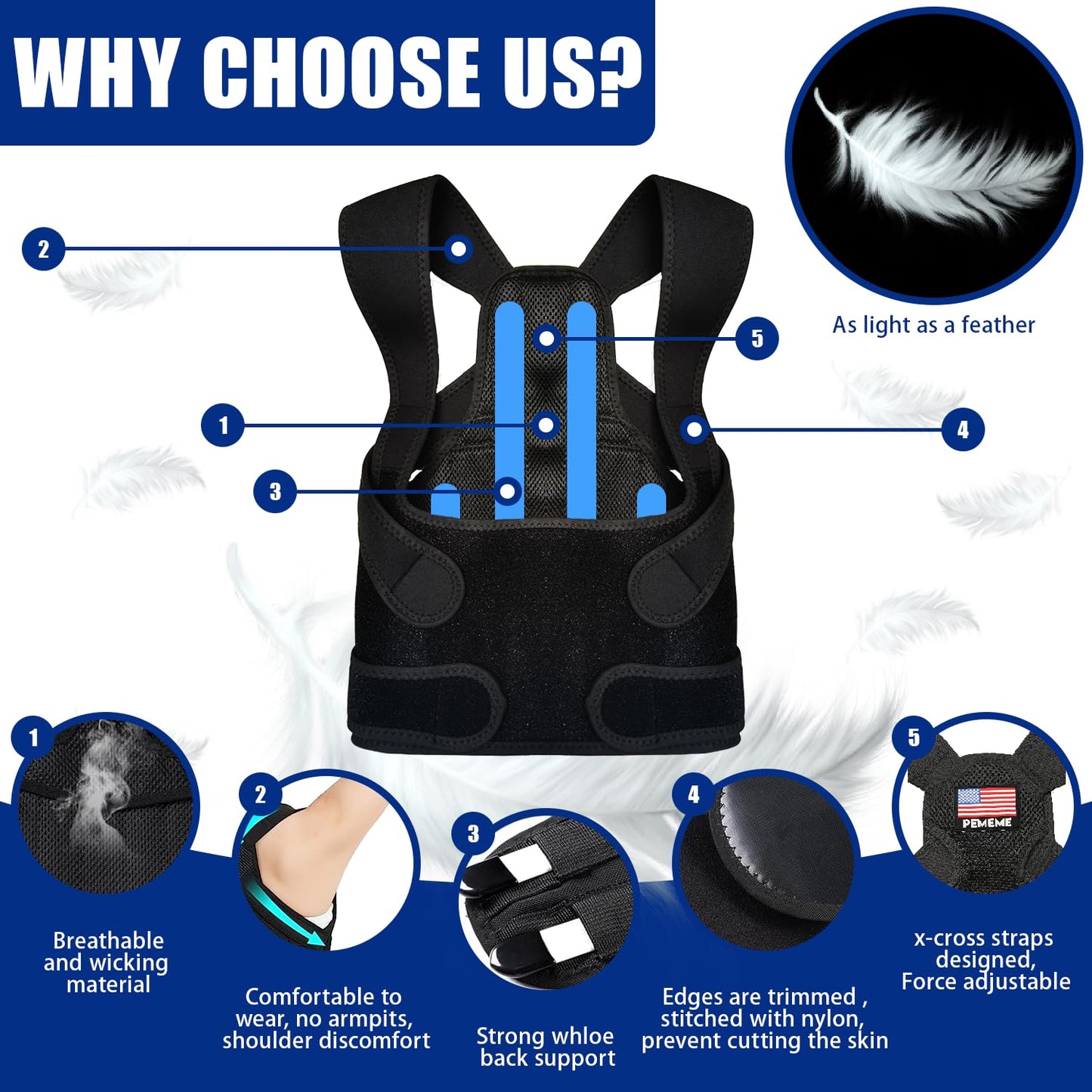 Skiennix Posture Corrector - Adjustable Back Brace for Pain Relief & Lumbar Support | Breathable Design (Black, Large)