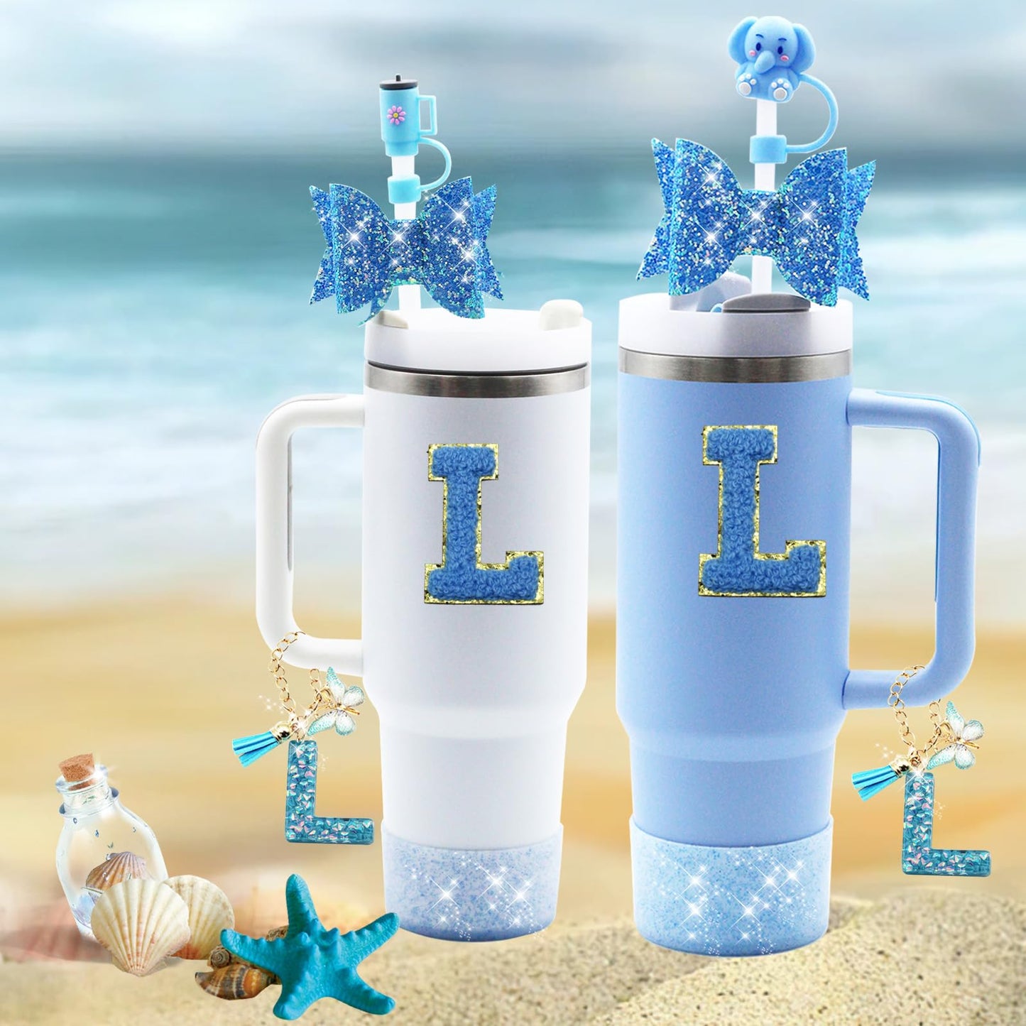 Liangang 9PCS Cup Accessories Set For Stanley 30oz 40oz,Including 2PCS Stanley Straw Cover and Boot,Spill Proof Stopper,Handle Charm,Bow straw,2PCS Sticker Letter (Letter L)