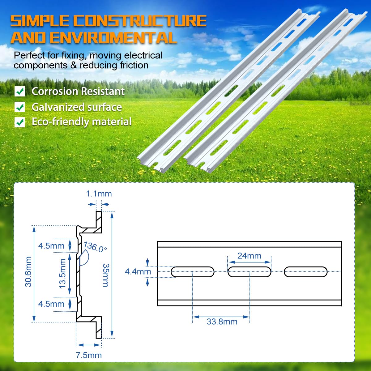 VAMRONE 12 Piece Aluminum DIN Rails, 8 Inches Long, 35mm Wide, 7.5mm High, Top Hat Slotted DIN Rail with RoHS, Extra Premium Screws Included for Hardware Components Mounting