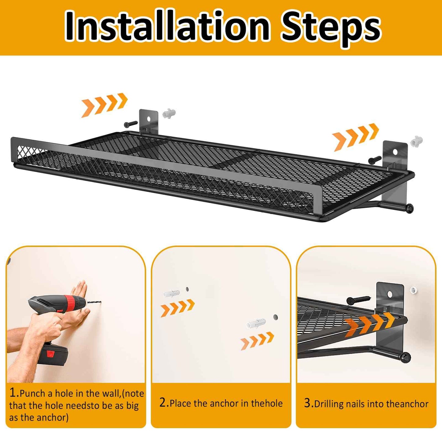 BABKAS Garage Wall Shelving, Metal Garage Wall Shelf with 2 Hooks, Heavy Duty Wall Shelves Mounted for Garage Storage, Laundry Room, Closet and Kitchen | Holds Up to 80 Lbs | 16.5" x 12.2"