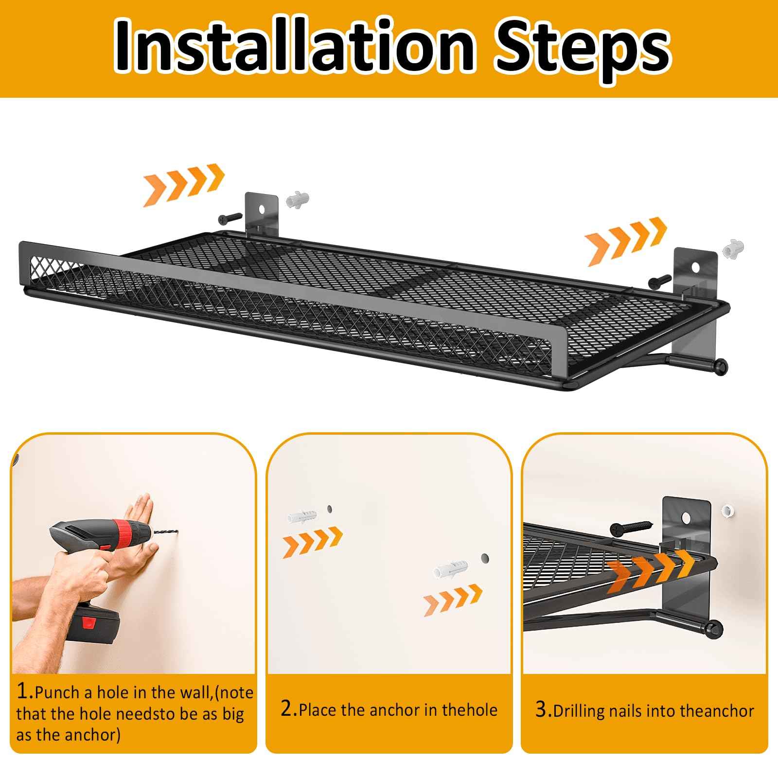 BABKAS Garage Wall Shelving, Metal Garage Wall Shelf with 2 Hooks, Heavy Duty Wall Shelves Mounted for Garage Storage, Laundry Room, Closet and Kitchen | Holds Up to 80 Lbs | 16.5" x 12.2"