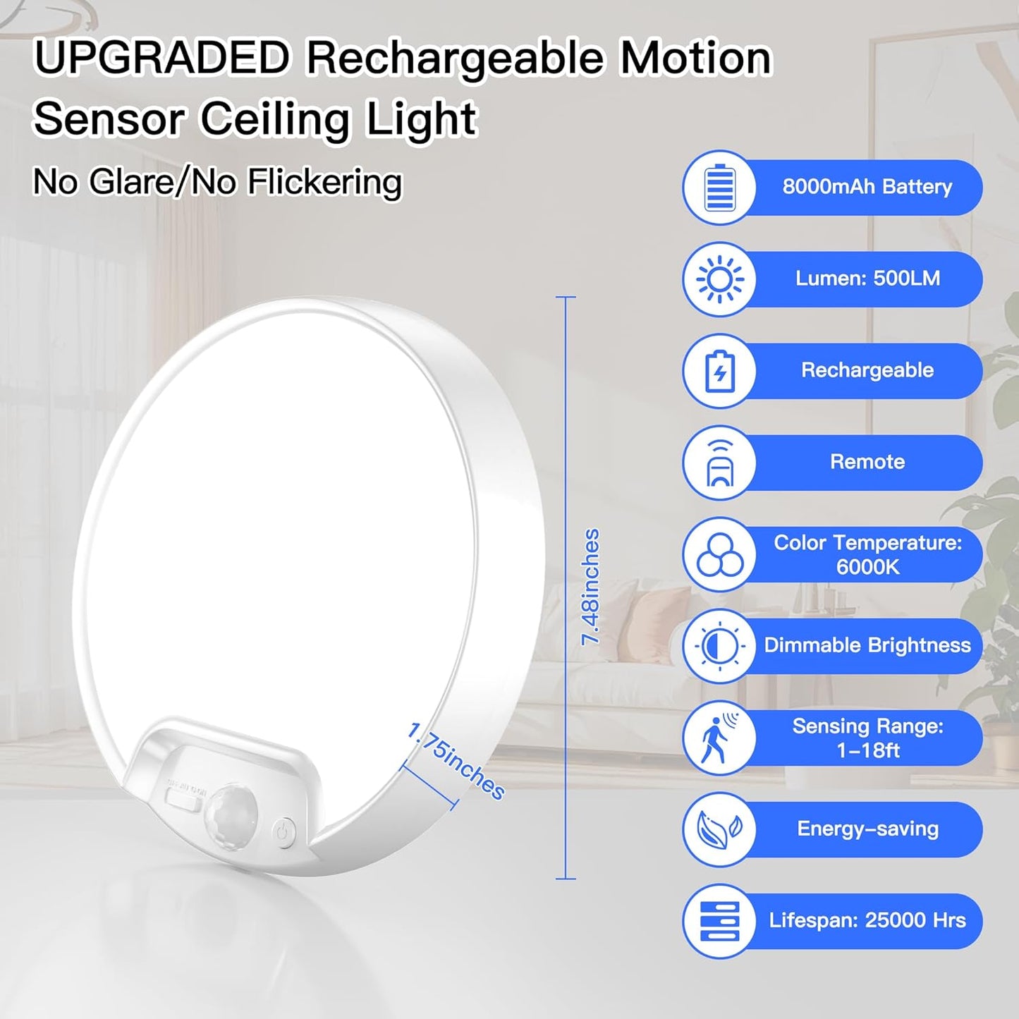 Rechargeable Motion Sensor Ceiling Light 2-Pack with Remote - Battery-Powered 6000K Cool White for Closet, Hallway, Shed & Stairs
