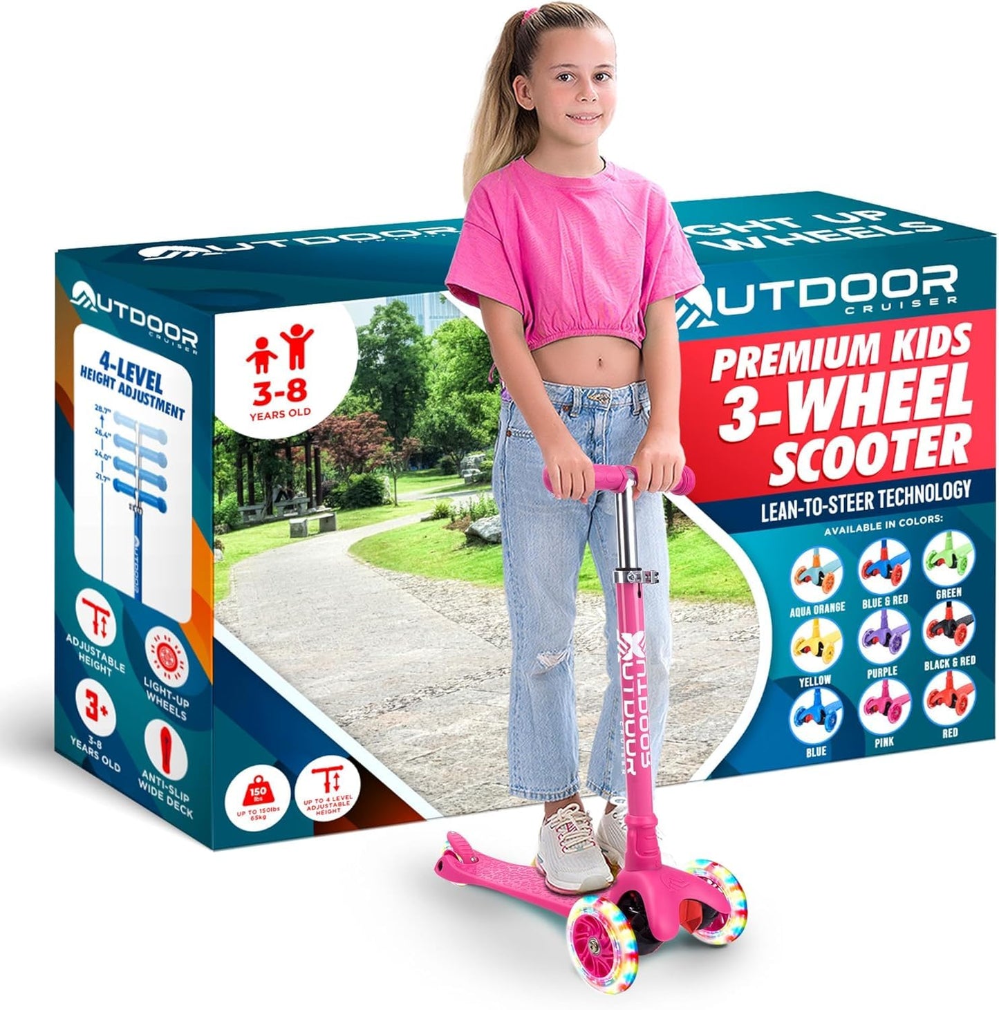 Outdoor Cruiser 3-Wheel Kids Scooter – with Lean-to-Steer Technology, Wide Deck, Led Lighted Wheel, 4-Level Adjustable Height T-bar Handle, Support Kids Up to 150 Lbs, for Boys & Girls Ages 3-8, Pink