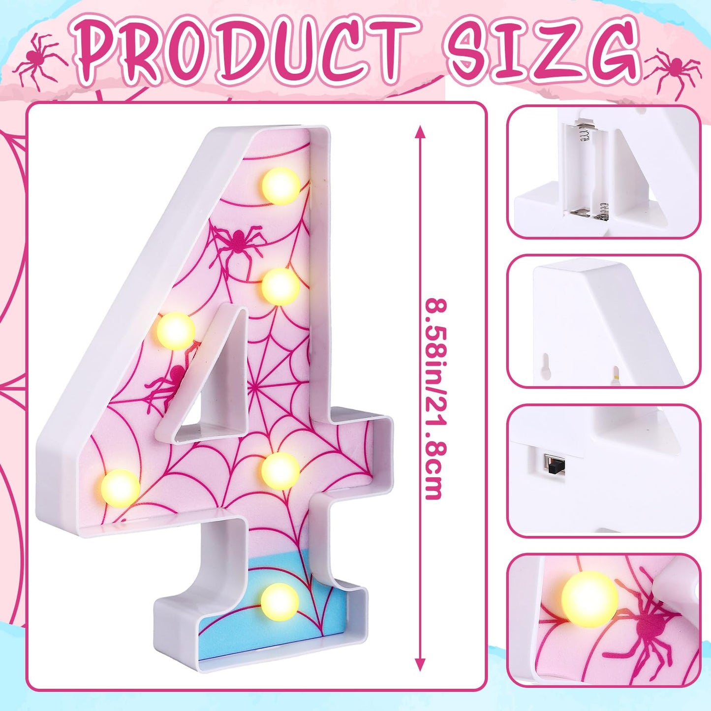 Leinuosen Spider LED Number Lights Birthday Party Decoration Pink Spider Light up Numbers Women Birthday Supplies for Marquee Night Christmas Gift Baby Shower (Number 4)