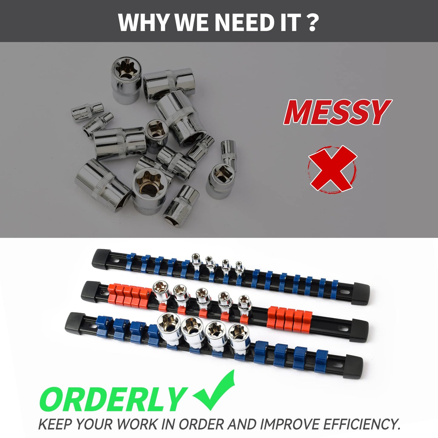 Reniteco Socket Organizer Drive ABS Tools - Green Socket Holder, Premium Quality 30 Pieces Socket Holders Kit 1/4-Inch x 160 Clips, 3/8-Inch x 150 Clips, 1/2-Inch x 120 Clips（30PC,Green)